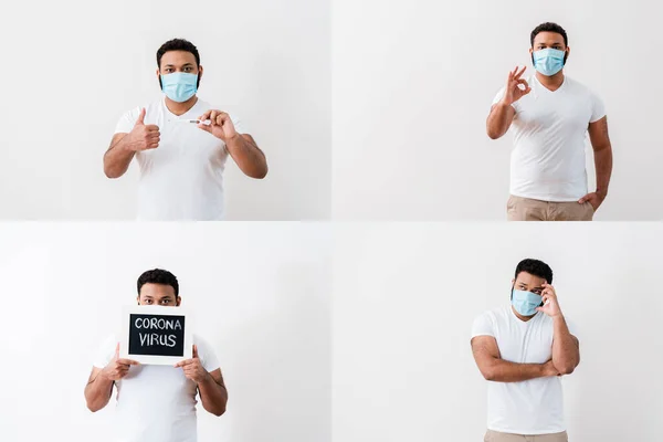 Collage di uomo afroamericano in maschere mediche che mostrano pollice in su, ok segno, tenendo lavagna con coronavirus lettering e termometro digitale — Foto stock