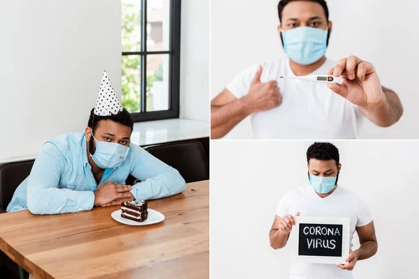 Colagem de homem afro-americano em máscaras médicas segurando quadro-negro com letras coronavírus e termômetro digital, mostrando polegar para cima e sentado perto de bolo de aniversário — Fotografia de Stock