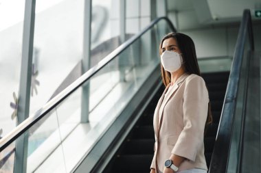Çevre kirliliğini ve virüsü korumak için N95 maskesi takan Asyalı kadın. Covid-19 Coronavirus ve Hava kirliliği pm2.5 kavramı.