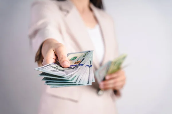 Closeup Business Woman Hands Proposing Money Dollar Bills White Background — Stock Photo, Image