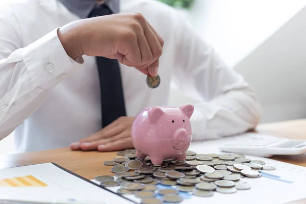 Hand Holding Pink Piggy Bank Coin Businessmen Prepare Financial Plan — Stock Photo, Image