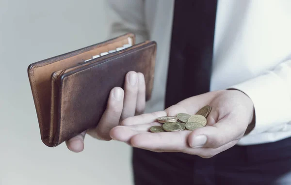 Businessman Hand Carrying Brown Purse Very Few Dollars Money Concept — Stock Photo, Image