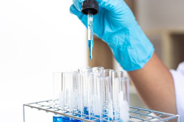 Bilim insanları kimyasal bileşimin ve biyolojik kütlesinin bilimsel bir laboratuvarda, bilim adamlarında ve laboratuar konseptinde tespit edilmesine hazırlanmak için mavi kimyasal test tüpleri taşıyorlar..