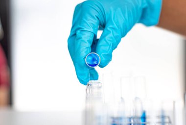 Bilim insanları kimyasal bileşimin ve biyolojik kütlesinin bilimsel bir laboratuvarda, bilim adamlarında ve laboratuar konseptinde tespit edilmesine hazırlanmak için mavi kimyasal test tüpleri taşıyorlar..