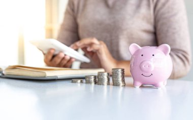 Genç iş kadınları, emlak, vergi indirimi ve maliyet hesaplama konseptine yatırım hazırlamak için bir domuz kumbarasında para biriktiriyorlar ve mali gelir harcamalarını kaydediyorlar..