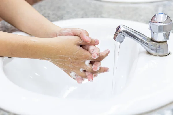 Young Women Wash Hands Soap Prevent Bacterial Viral Infections Corona — Stock Photo, Image