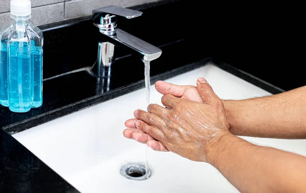 Man Washing His Hands Sink Sanitizing Colona Virus Sanitation Reducing — Stock Photo, Image