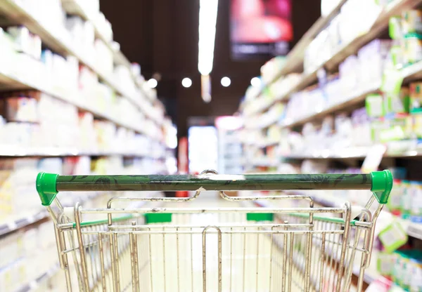 Shopping cart in supermarket, Abstract blurred photo in shopping malls, Cart in the market concept.