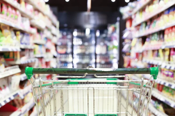 Shopping cart in supermarket, Abstract blurred photo in shopping malls, Cart in the market concept.