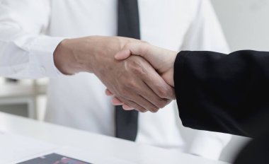 Finansal muhasebeciler ve pazarlamacılar çift haneli emlak performansı, toplantılar ve el sıkışma konseptini kutlamak için el sıkışıyorlar.