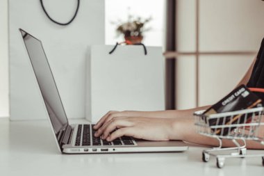 Kadınlar internet üzerinden kredi kartı ödemeleri, teknoloji ve internet dünyasında rahatlık, çevrimiçi alışveriş ve online bankacılık kavramını kullanarak online alışverişleri kaydetmek için dizüstü bilgisayar kullanıyorlar