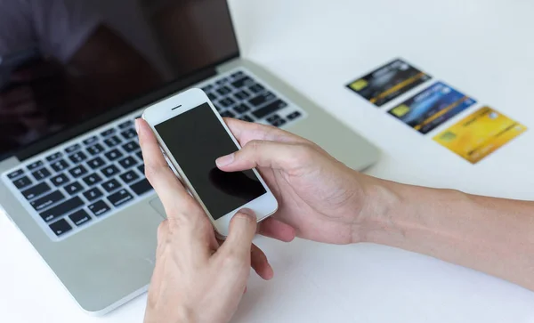 Men Use Smart Phone Register Online Purchases Using Credit Card — Stock Photo, Image