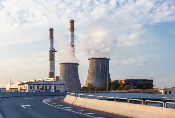 Road turn with power station — Stock Photo, Image