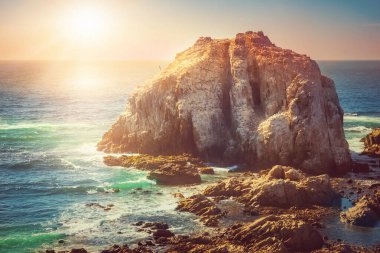 Şili 'de gün batımında Pasifik Okyanusu kıyısında kuşların olduğu Rocky Adası