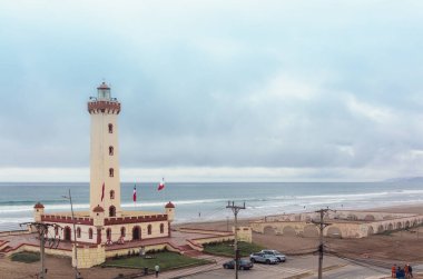 LA SERENA, CHILE - NOVEMBER 7, 2016: Panoramic view of the Monumental Lighthouse of La Serena. Lighthouse is one of the most popular tourist attractions in the area. clipart