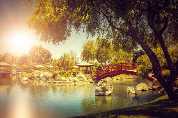 Belo Jardim Japonês Com Ponte Vermelha Decorativa Sob Lagoa Pôr — Fotografia de Stock