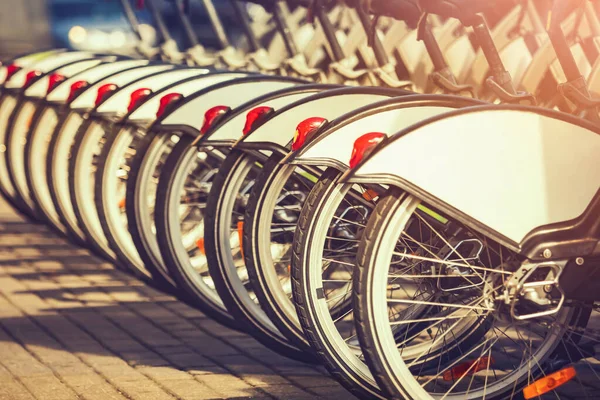 Колеса Велосипедів Прокатній Станції Заході Сонця — стокове фото
