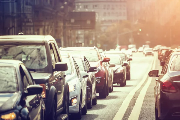 Autos Stehen Bei Sonnenuntergang Stau Schlange — Stockfoto