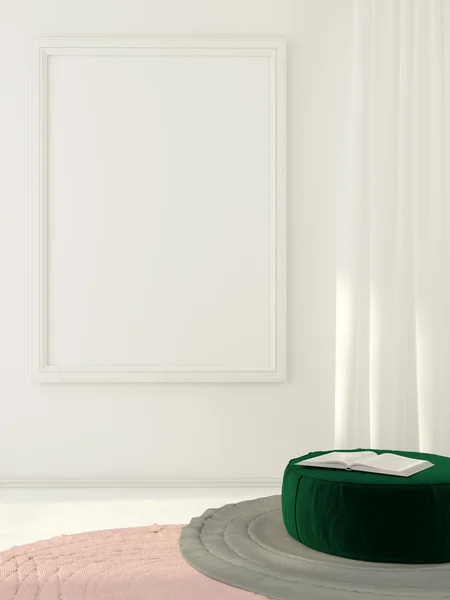 Біла рамка на стіні і зелений пуф — стокове фото