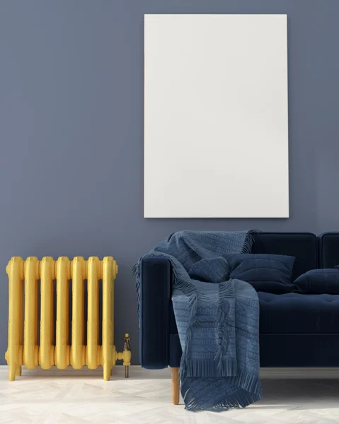Mock up met blauwe sofa en gele radiator — Stockfoto