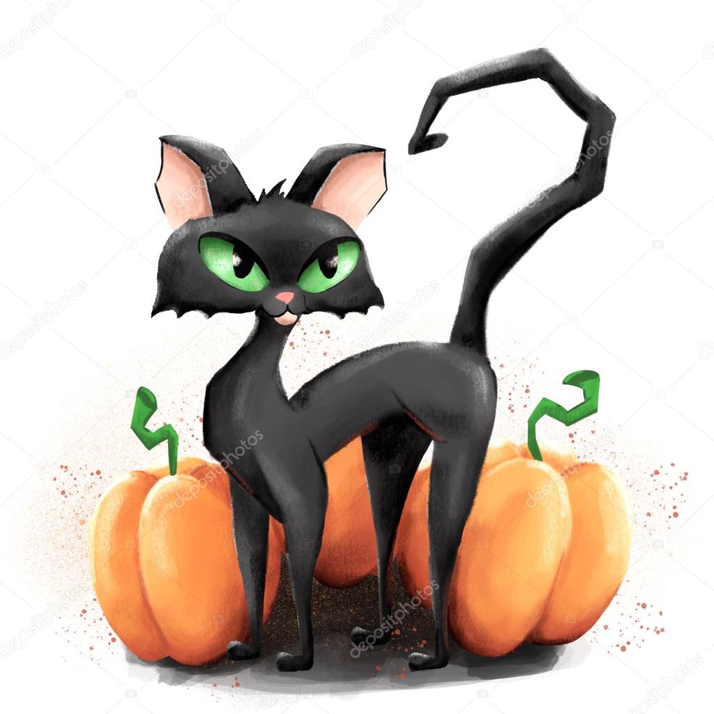Black cat and three pumpkins