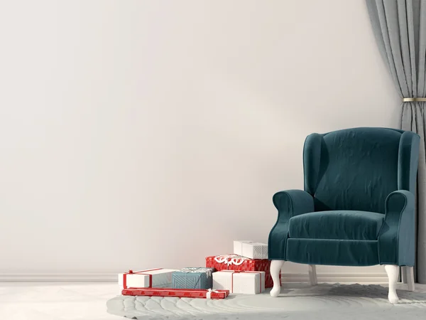 Cadeira azul clássico e presentes ao redor — Fotografia de Stock