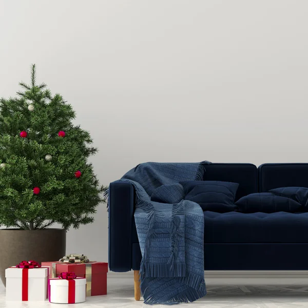 圣诞室内有一个蓝色的沙发 — 图库照片