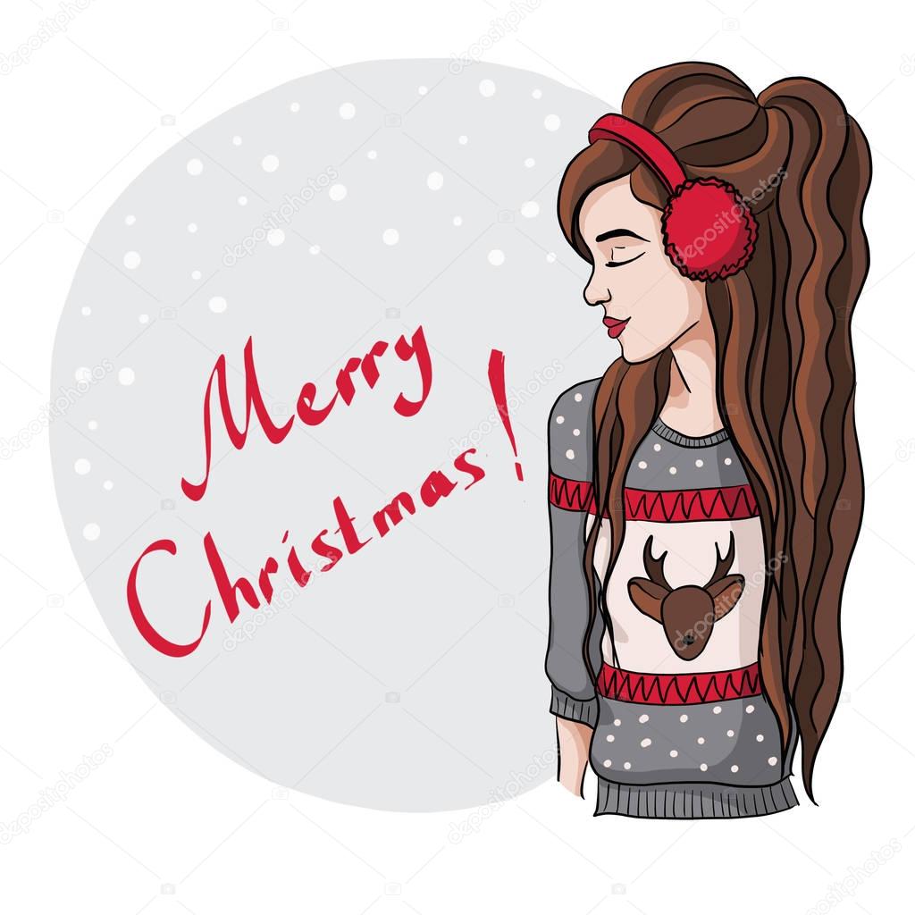 Girl in a warm Christmas sweater 