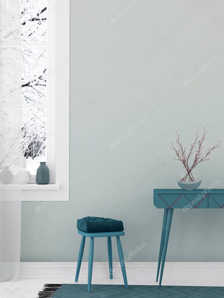 Interior in blue colors with a blue stool