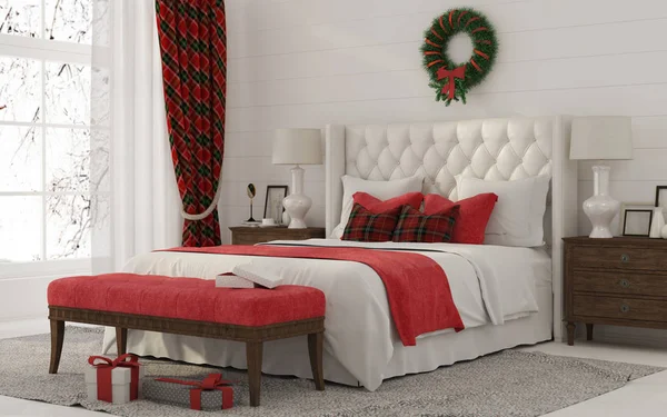 Christmas Interior of a white bedroom — Stock Photo, Image