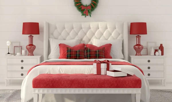 Weiße Weihnachten Schlafzimmer mit Geschenken — Stockfoto