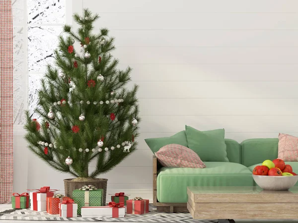 Weihnachtsdekoration mit grünem Sofa — Stockfoto