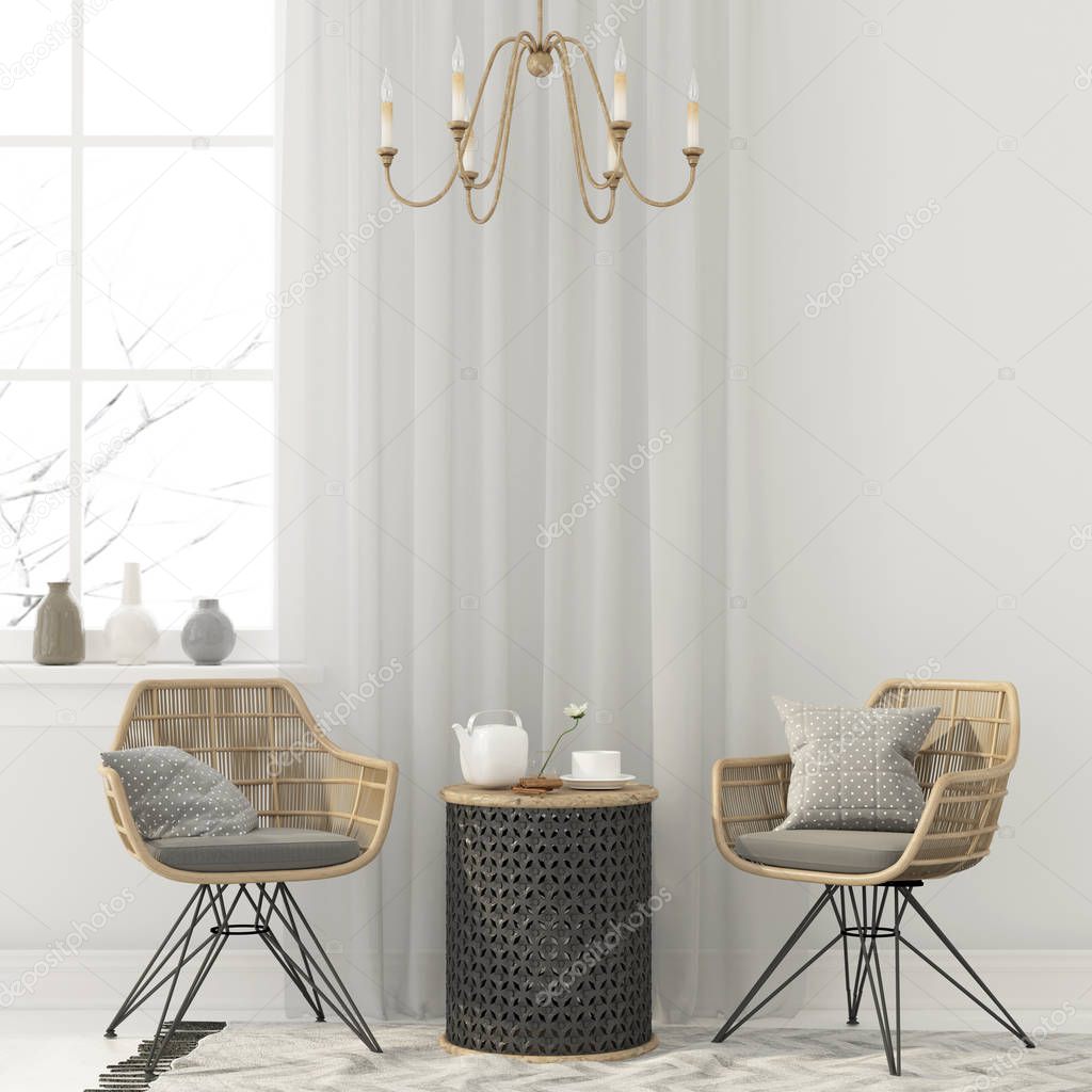 Two wicker chairs and a metal table