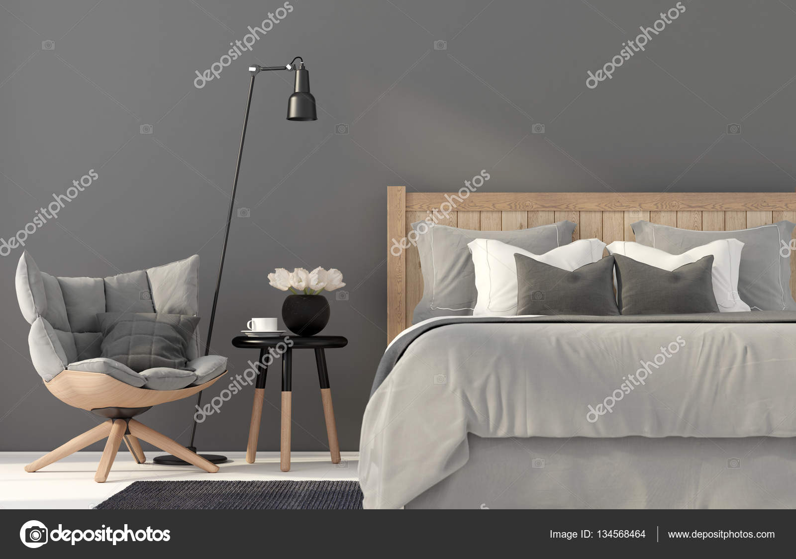 Ahşap yatak gri yatak odası — Stok Foto © JZhuk 134568464