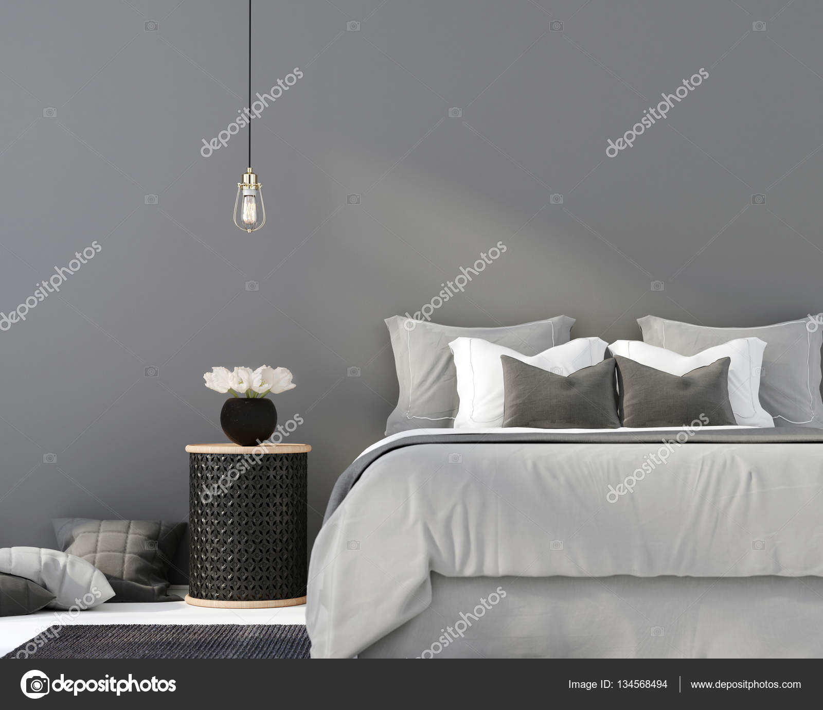Grijze slaapkamer met een houten tafel — Stockfoto © JZhuk #134568494 Grijze slaapkamer met een houten tafel — Stockfoto © JZhuk #134568494