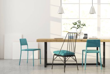 Mavi sandalye ile yemek odası.