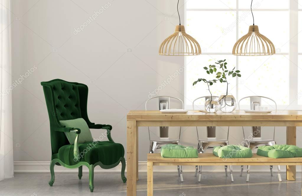 Dining room with green armchair