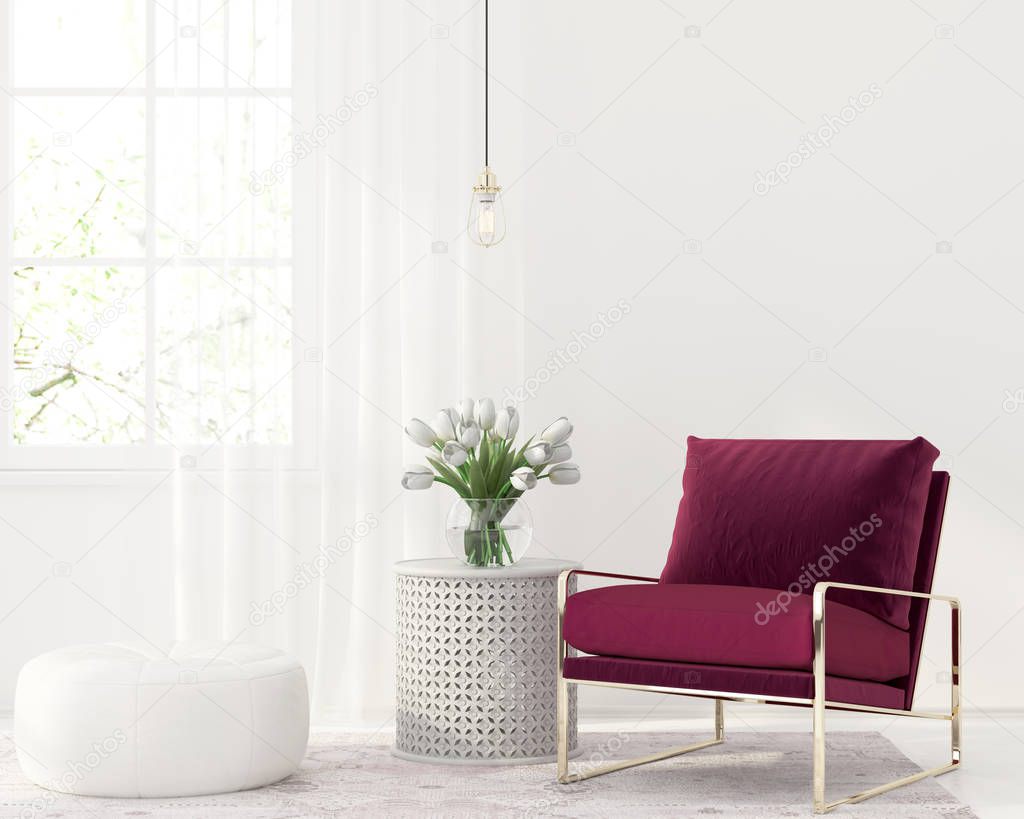 Burgundy armchair in white interior