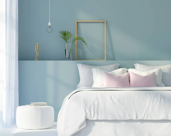 Slaapkamer in wit en blauw kleur — Stockfoto