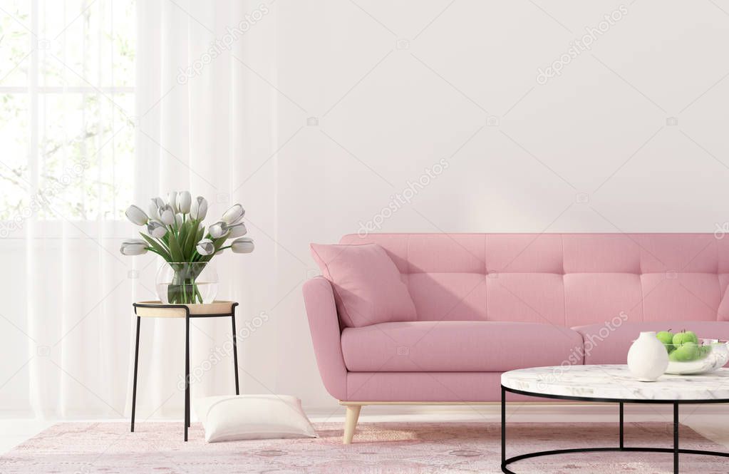 Living room with a pink sofa