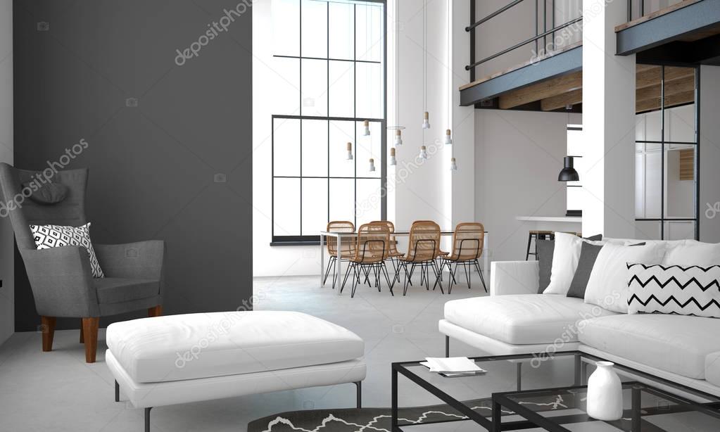Interior of the apartment in loft style in light colors