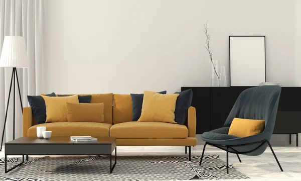 Стильна вітальня з жовтим диваном — стокове фото