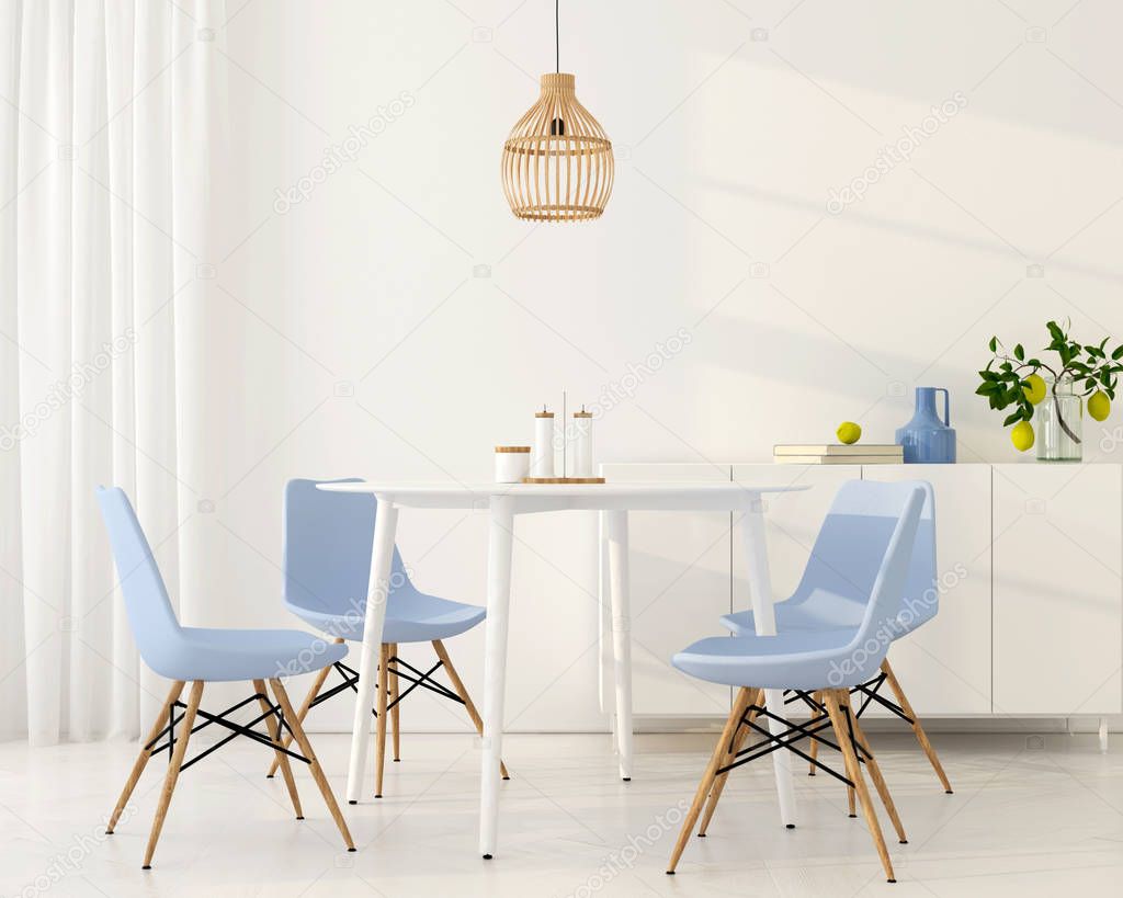 Light dining room with blue chairs
