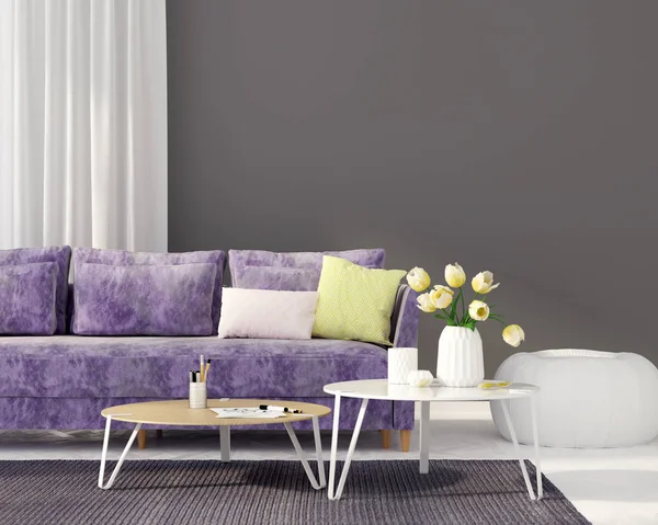 Гостиная с фиолетовым диваном — стоковое фото