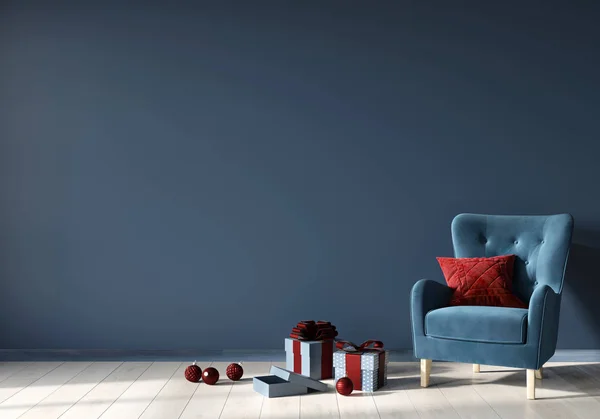 Interior festivo con sillón de terciopelo azul de moda y regalos — Foto de Stock