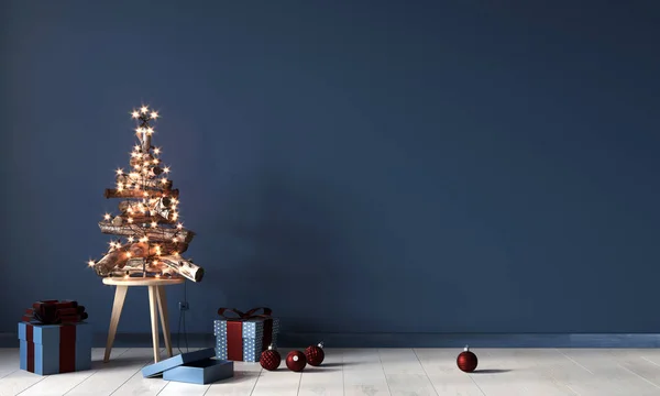Intérieur festif avec un arbre de Noël décoratif en bois — Photo