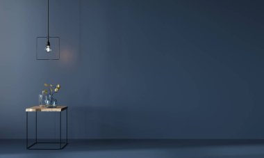 Minimalist ahşap masalı koyu mavi iç döşeme