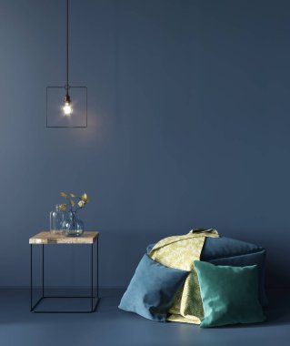 Minimalist ahşap masalı koyu mavi iç döşeme ve...