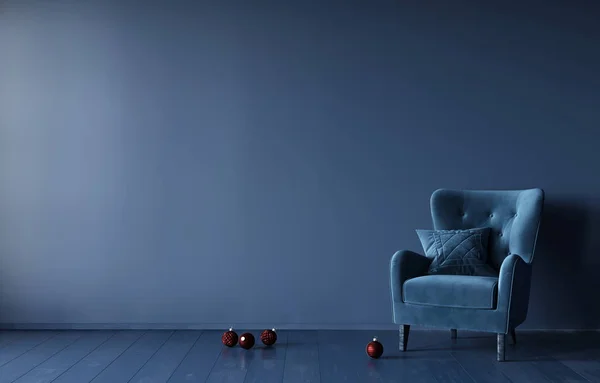 Праздничный монохромный интерьер в темно-синем с велюровым креслом — стоковое фото