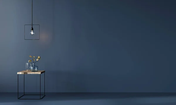 Monokróm sötétkék belső tér minimalista fa asztallal — Stock Fotó